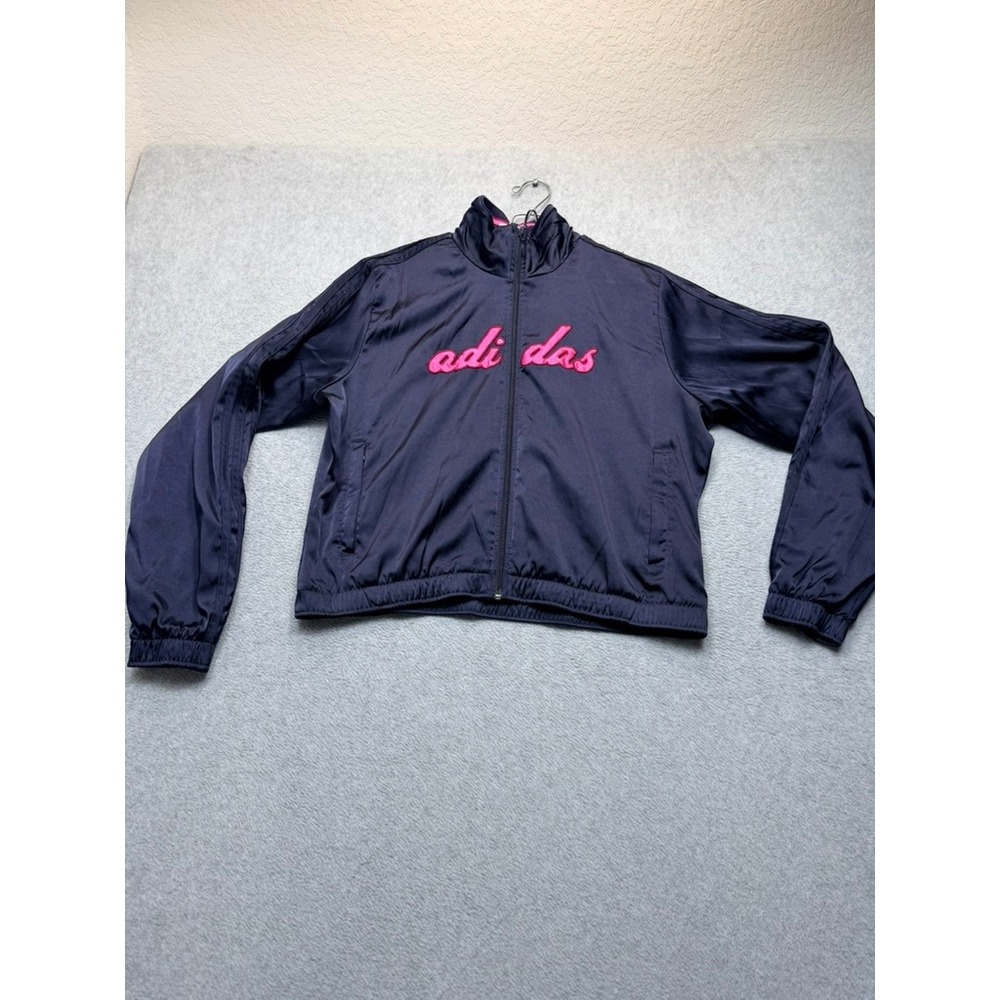 Adidas Womens Track Jacket Navy Blue Pink Script Logo Full Zip Mock Neck Large